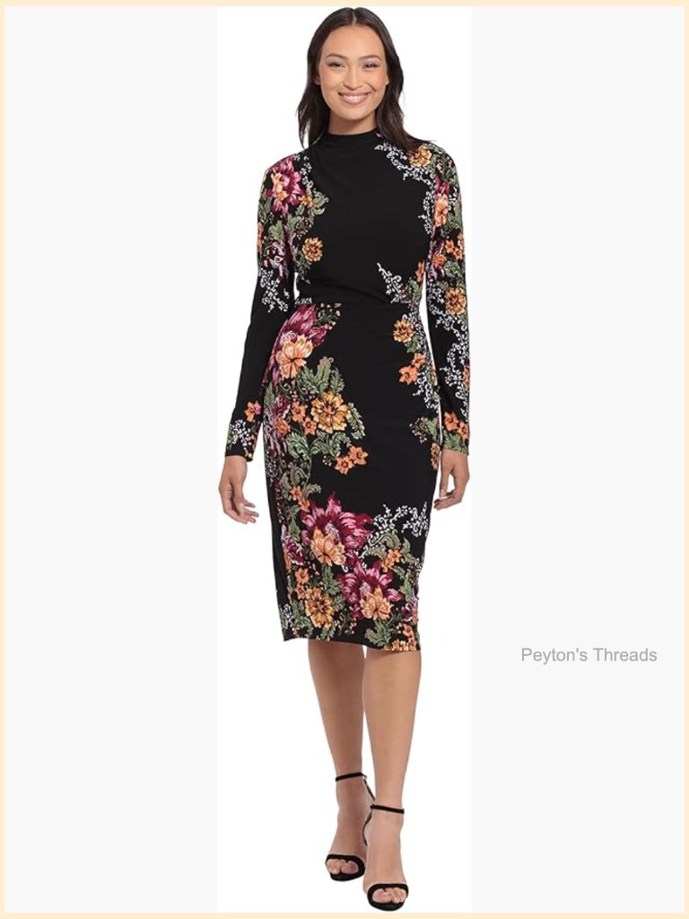 Mock Neck Midi Dress With Ruching, Long Sleeves, Sheath Silhouette